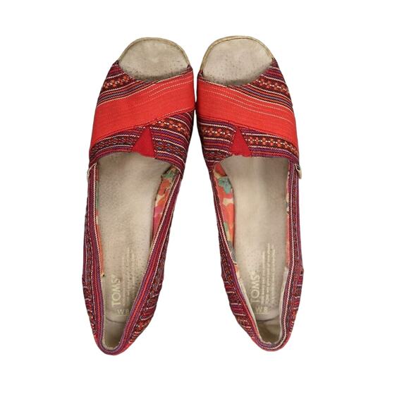 Toms Shoes Womens 8 Wedge Sandal Casuall Fashion Calypso Espadrille Red Peep Toe - Picture 7 of 14